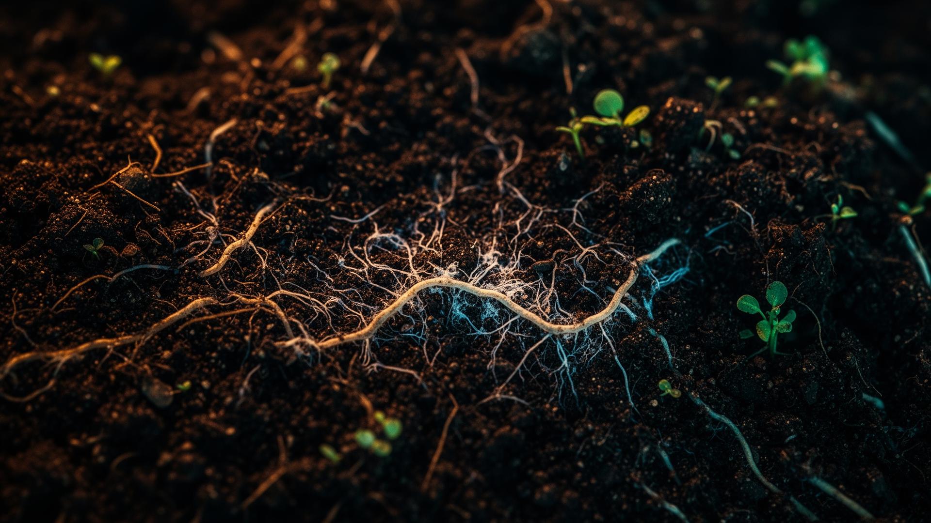 Living soil with root networks and emerging shoots
